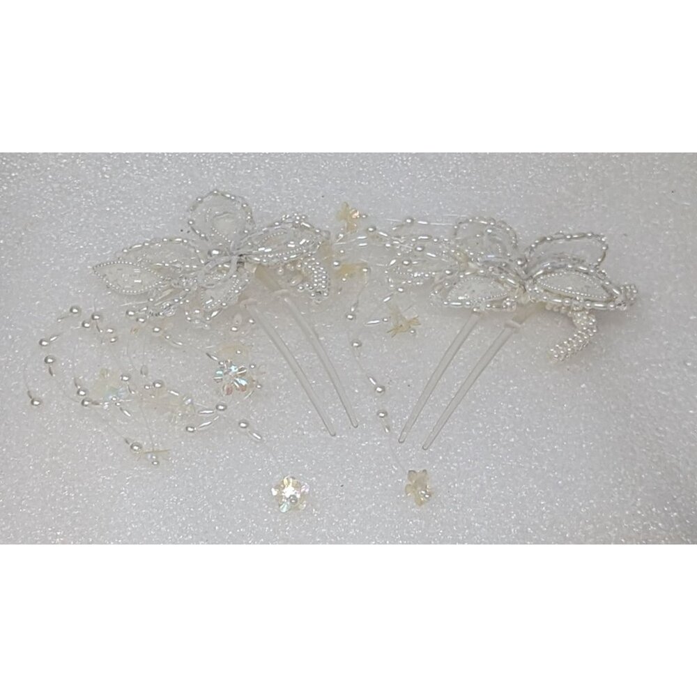 Bridal Hair Combs With Beaded Floral Design & Pearls Set of 2